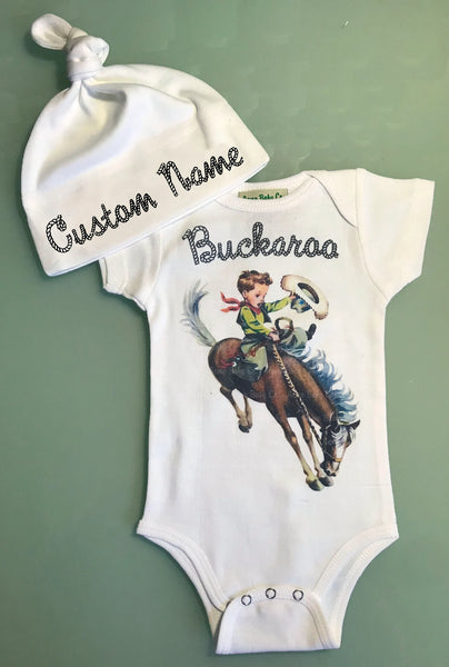 Personalized Buckaroo Organic Baby Bodysuit and Cap Set