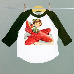 Children's Retro Baseball Raglan Shirt with Girl Pilot