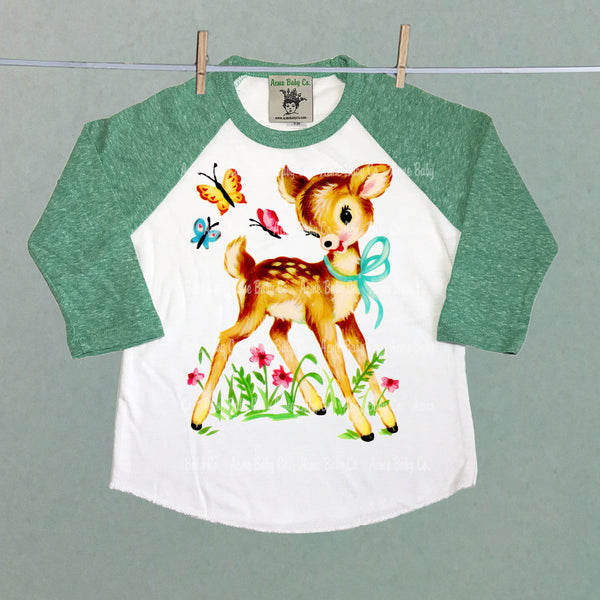 Deer with Butterflies Retro Baseball Children's Raglan Shirt