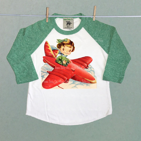 Children's Retro Baseball Raglan Shirt with Girl Pilot