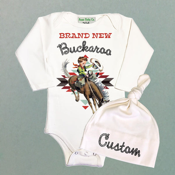 Personalized Brand New Buckaroo Coming Home Baby Bodysuit and Cap Set