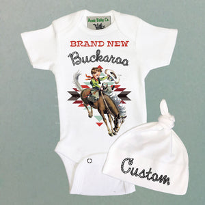 Personalized Brand New Buckaroo Coming Home Baby Bodysuit and Cap Set
